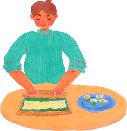 Cartoon Painted Home Cook Preparing a Maki